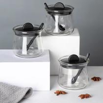 Porta Temperos De Vidro Com Colher 300ml Com 3 Peças Preto