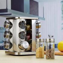Porta Temperos e Condimento Giratório com 12 Potes em Aço Inox e Vidro