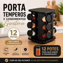 Porta Temperos E Condimentos Giratório Com 12 Potes Vidro Cor Preto