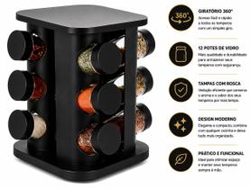 Porta Temperos E Condimentos Giratório Com 12 Potes Vidro Cor Preto