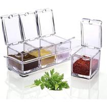 Porta Temperos e Condimentos Organizador Cozinha Acrílico 4 Potes Transparente Praticidade Organização Acompanha 4 Mini Colheres Acesso Rápido Tempero