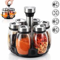 Porta Temperos e Condimentos Vidro e Inox 6 Potes Com Tampa e Suporte Giratório de Mesa