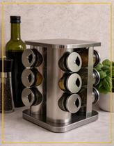 Porta Temperos em Inox com 12 Potes de Vidro Giratório Porta Temperos em Inox com 12 Potes de Vidro Giratório