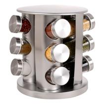 Porta Temperos Giratório 360º Preto Plástico ou Inox 9 e 12 Potes de Vidro 85ml com Suporte Moderno