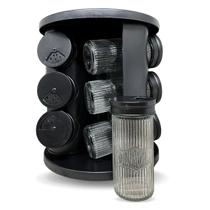 Porta Temperos Giratório 360º Preto Plástico ou Inox 9 e 12 Potes de Vidro 85ml com Suporte Moderno