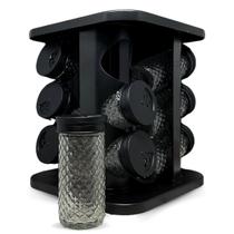 Porta Temperos Giratório 360º Preto Plástico ou Inox 9 e 12 Potes de Vidro 85ml com Suporte Moderno
