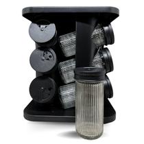 Porta Temperos Giratório 360º Preto Plástico ou Inox 9 e 12 Potes de Vidro 85ml com Suporte Moderno