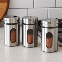 Porta Temperos Inox Cozinha Kit com 3 Unidades com Visor Frontal Porta Temperos Inox Cozinha Kit com 3 Unidades com Visor Frontal