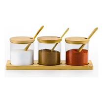 Porta Temperos Kit 3 Pcs De Vidro Tampa De Bambu Com Base Cor Transparente