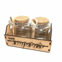 Porta Temperos Kit C/2 Potes de Vidro 255ml Tampa de Rolha de Cortiça + Caixinha Suporte em MDF Porta Temperos Kit C/2 Potes de Vidro 255ml Tampa de Rolha de Cortiça + Caixinha Suporte em MDF
