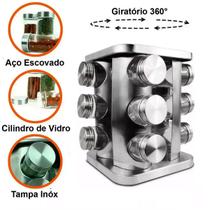 Porta Temperos Quadrado Giratório 12 Peças Vidro Suporte Inox Porta Temperos Quadrado Giratório 12 Peças Vidro Suporte Inox