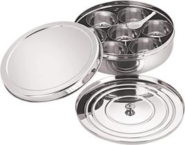 Porta-temperos Tanish Trading Masala Dabba em aço inoxidável 20x20x8 cm com 7 compartimentos Porta-temperos Tanish Trading Masala Dabba em aço inoxidável 20x20x8 cm com 7 compartimentos