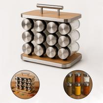 Porta Temperos Vertical Premium 12 Potes de Vidro 90ml com Alça Inox e Base de Madeira