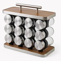 Porta Temperos Vidro 12 Potes Com Suporte Madeira e Plástico Organizador De Cozinha Moderno Premium