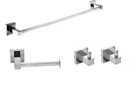 Porta Toalha Banho Cromado + Papeleira Ret + 2x Cabides Inox