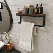 Porta Toalhas Para Banheiro Com Prateleira Decorativo Toalheiro Industrial Aço Amadeirado