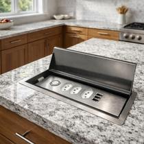 Porta Tomada Triplo 10A em Aço Inox 304 De Embutir Com 3 Entradas USB Tampa Articulada Para bancada Escritório, Cozinha Gourmet