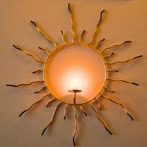 Porta-Vela de Parede Sol Artesanal - Ferro Dourado, Design Exclusivo 47x49cm Vela 7 DIAS