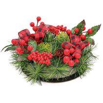 Porta vela natalino com laços xadrez vermelho 25 cm