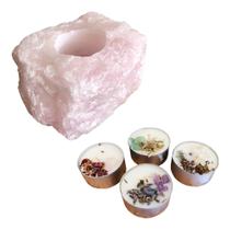 Porta Vela Pedra Quartzo Rosa + Kit Velas Pedras Naturais Porta Vela Pedra Quartzo Rosa + Kit Velas Pedras Naturais