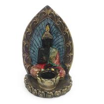 Porta Velas Buda e Folha Preto Brilhante Meditando 14 cm
