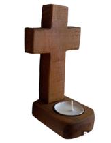 Porta velas de cruz em madeira religioso decorativo - Inspire Arte