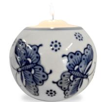 Porta-velas em porcelana, fundo branco com pintura de borboletas azuis (20)