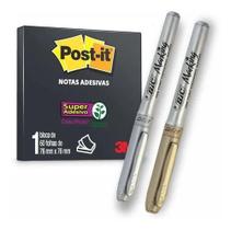 Post-it Preto 3m -60 Folhas 7,6x7,6cm + 2 Canetas Bic Metal