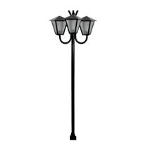 Poste Braço Curvo Luminária Romana Tripla Jardim Preto 200Cm