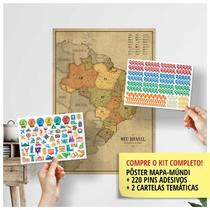 Pôster Mapa do Brasil Vintage / Retrô A1 + 220 Pins Adesivos p/ Marcar suas Viagens (59x84cm)