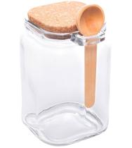 Pote 650ml Quadrado De Vidro Com Tampa De Rolha E Colher De Bambu