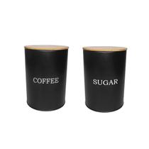 Pote Cafe Açucar Porta Mantimento Aço Preto Tampa Bambu Lata