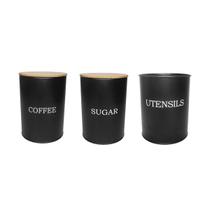 Pote Cafe Açucar Porta Utensilios Aço Preto Bambu Lata 3un Pote Cafe Açucar Porta Utensilios Aço Preto Bambu Lata 3un