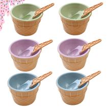 Pote Colorido Casquinha De Sorvete Com Colher 200ML C/6 UND Sobremesa Cumbuca Açai Tigela Color Recipiente Sorveteria Decoração Casa Nova