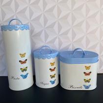 Pote de lata branco e azul decorado borboletas para massa biscoito açúcar- cantinho do café