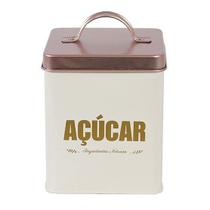 Pote de Lata Quadrado Branca para Acucar com Tampa com Alca Metalizado Rose Gold 1,7l
