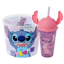 Pote de Pipoca + Copo com Tampa e Canudo 500ml Kit Stitch - Rosa