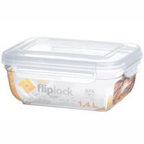 Pote de plastico retangular fliplock com tampa + trava 1,4l