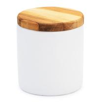 Pote de porcelana com tampa de madeira teka porta cotonetes