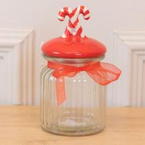 Pote De Vidro 300ml Natal Candy Cane C/Tampa (Vermelho Branco) 13,6cm (Florarte)