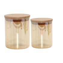Pote de vidro ambar liso redondo com tampa hermetica de madeira / bambu 750ml e 550ml Pote de vidro ambar liso redondo com tampa hermetica de madeira / bambu 750ml e 550ml