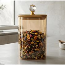 Pote de Vidro Âmbar Quadrado 1150ml Hermético com Tampa de Bambu Porta Mantimentos de Cozinha