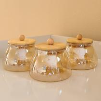 Pote de vidro Bolinha ambar com vedação de silicone e tampa de bambu 450ml cozinha organizador