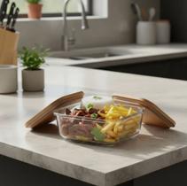 Pote De Vidro Boro Tampa Bambu Quadrado Hermético 1100ml