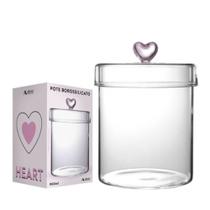 Pote de Vidro Borossilicato Redondo com Tampa Coração Rosa 900ml