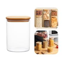 Pote de Vidro com Tampa de Bambu Hermético Porta Mantimentos Organizador 550ml 12cm Quadrado Em Casa Tem