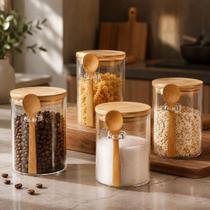 Pote de vidro com tampa de bambu kit com 4 potes hermético 550ml Pote de vidro com tampa de bambu kit com 4 potes hermético 550ml