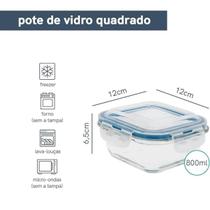 Pote de Vidro com Tampa Transparente Quadrado Raso - 800ml