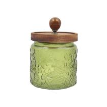 Pote de Vidro Decorado Verde 500ml Tampa Madeira 10x14,5cm Tuut