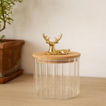 Pote de Vidro Decorativo com Tampa de Bambu e Alce Dourado Porta Mantimentos, Doces ou Enfeite Natalino Elegante Pote de Vidro Decorativo com Tampa de Bambu e Alce Dourado Porta Mantimentos, Doces ou Enfeite Natalino Elegante